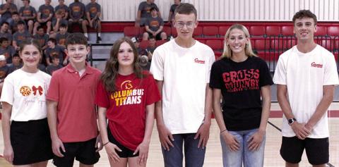 The Columbus 2026 Titan Cross Country Team was introduced during Meet the Titan Night at the CUHS Gymnasium, August 21. Freshmen, Cora Rider and freshman, Tanner Scott, join the team for their rookie campaign. Myah Tash, sophomore; junior, Cooper Grundy; senior Cara Altis, and senior, Levi Simpson will hit the course, Thursday, at Labette County. (Not pictured Drake Laurance, senior.)Races have been changed to two miles for high school and one mile for jr. high beginning at 10 a.m. due to heat forecasts.