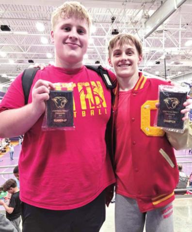Titan Wrestlers, Jake Eddington and Korbyn Newberry earned a trip to the USAWKS 2022 State Championship by placing in the District 1 Tournament, Saturday in Louisburg. Jake placed second in the 285 weight class and Korbyn is the District 1 Champion in the 106 weight class. The state tournament is Saturday in Topeka. Courtesy Photo.