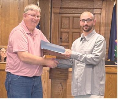 Mayor Grant Spieth presented City Administrator Jake Letner a certificate recognizing his five years with the City of Columbus. The presentation was made during the Tuesday City Council meeting.