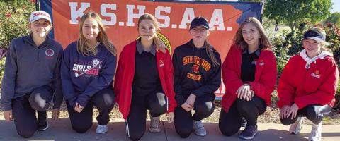 The Lady Titan Golf Team qualified for the Kansas Class 3-1A State Championship Golf Tournament, Monday, in Hutchinson. Sophomore, Mallory Thompson, made the cut to play on day two of the championship, shooting a 94 through the first 18 holes. Team members were on hand to encourage her through the second round of 18 at the Carey Park Golf Course. Courtesy Photo.