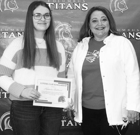 Kennedy Bullard received a $100 Coterie Scholarship during the Senior Assembly at the Columbus Unified High School Gymnasium, May 19. Rebecca Stone, Coffeyville Community College, Columbus Campus, presented the award.