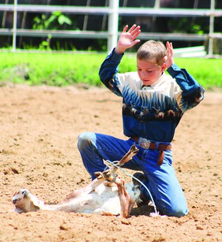 During the Cherokee County Horse Show Saturday, July 12, Samuel King was one of the competitors in the ages 10-13 Goat Tying class.