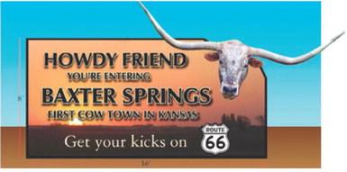 Five new signs will welcome visitors to Baxter Springs during the Route 66 century birthday celebration years. Mayor Kelly Abbott told the council each of the cows horns are six foot long. One will be located at Rainbow Bridge.