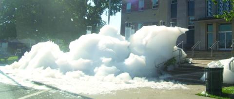 The tradition continues as the County Courthouse fountain once again was filled with soap on the first day of school. This year the fountain had a new paint job which added to the suds.