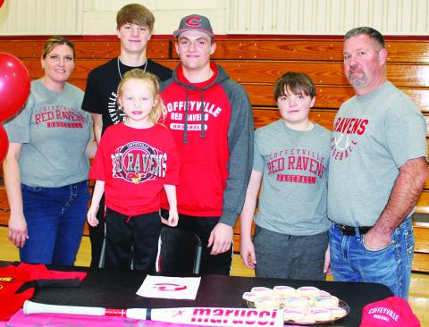 Titan Senior, Landin Midgett, signed a National Letter of Intent to continue his baseball career at Coffeyville Community College. Seven Columbus athletes signed letters during a ceremony at the CUHS Gymnasium, Monday, in recognition of National Signing Day, the first Wednesday of February. Landin’s signing was witnessed by his siblings, Jace and Ethan Midgett and Jasmine Wininger and parents Kandi Midgett and Joey Midgett.