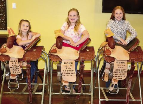 The high point overall winners for the Ottawa County Horse Club 2022 series included ages eight and under Chayni Crockett, ages nine-11 Jazlin Cox and ages 12-14 Akissa French. Photo by Debra French.