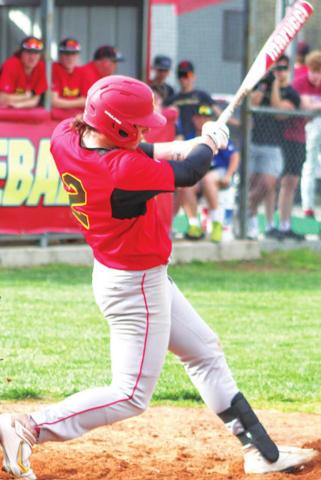 Titan Senior, Jaxson Haraughty, knocked in two runs with this double in the 17-1 win over Labette County, Thursday at the Community Field Ball Park.