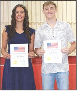 Seniors, Brylie Johnson and Korbyn Newberry received the Kansas State High School Activities Association’s Citizenship Award during the Columbus Unified High School Senior Assembly at the CUHS Gymnasium, May 18. The award is presented for excellence as an exemplary young citizen who has demonstrated a marked respect for country, assumed responsibility for improving school and community, and has shown reverence for life. Kerry Sachetta, Columbus Alumni, presented the awards.