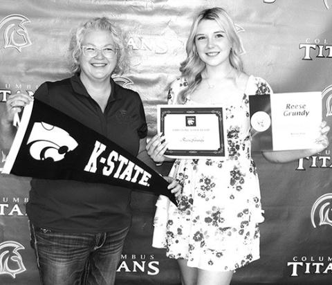 Columbus Unified High School Senior, Reese Grundy, was offered a $6,000 Limestone Award from Kansas State University by Rhonda Herrenbruck, KSU Representative, during the Senior Awards Ceremony held May 17 in the CUHS Gymnasium.