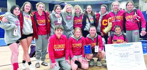 The Columbus Lady Titan Wrestling Team placed second at the Third Annual Topeka-Washburn Rural Women’s Invitational, Saturday. Front row: Mackenzie Richards, Addison Saporito, Katie Simpson, and Brooklyn Lima. Back row: Grace Noel, Taryn Billings, Madelyn Garcia, Brooklyn Collingsworth, Emily Britt, Graci Major, Torey Tedlock, Jailyn Rodriguez, Kassidy Fox, and Aubree Saporito. Courtesy Photo.