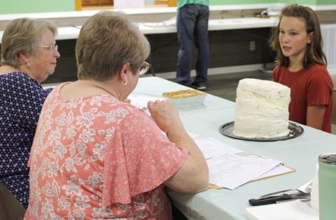 Remi Schuberger talks with the judges about one of her entries during the foods judging. Her cake had several layers in different colors.