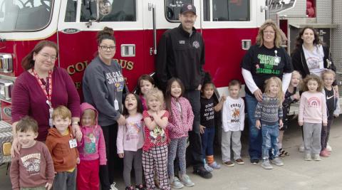 The Head Start students at the Virginia Crossland day care center received a special treat from the Columbus Fire Department recently as the fire fighters read to the youngsters and took them on a tour of the big fire truck.