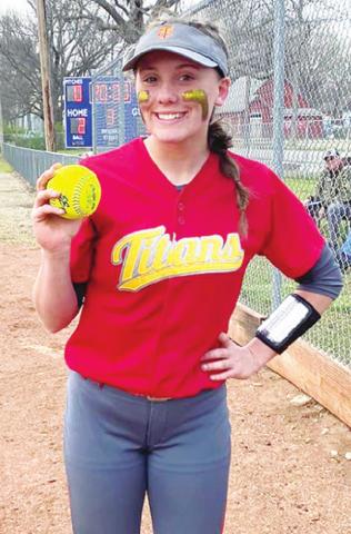 Katie Simpson, Lady Titan Sophomore, hit a home run against at Cherryvale in the Lady Titans twogame sweep of the Lady Chargers, 16-1 and 16-3. Courtesy Photo.