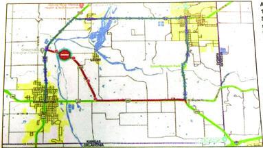 Map of planned road closing and detour routes east of Baxter Springs.