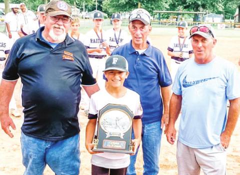 Jack Spear received the AHHP Award at the Kansas Cal Riken 11U-12U State Tournament, Monday in Frontenac. Presenting the award are: State Assistant Commissioner, Dennis Nevin, Kansas District 5 Commissioner, Daryl Spear, and Assistant District 5 Commissioner, Doug Spear, Monday in Frontenac. Jack was also honored with the Attitude, Hustle, Hustle, and Pride Award in the 2019, 9-year-old tournament. Courtesy Photo.