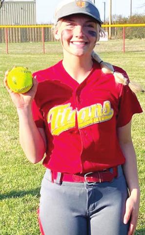 Lexy Stone, Lady Titan Senior, hit a three-run, home run in the Columbus shut out over Eldorado Springs, Mo., 10-0, Thursday in Liberal, Mo. The dinger is Lexy’s second on the season. Courtesy Photo.