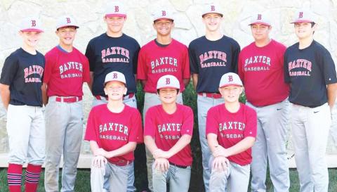 Baxter Springs Junior Little League Team is headed to Midland, Minn., to compete in the Junior Little League Regional Tournament, August 6-12. Team members are back row: Nolan Commons, Bradley Wade, Brooks Walker, Braydon Wade, Isiah Main, Jarrett Lawson, and Klaiton Stout. Front row: Logan Abbott, Grady Roller, and Riley Daniel. Courtesy Photo.