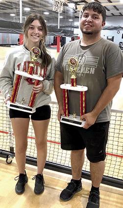 The hometown brother/sister team of Cody and Jaden Spainhower took home the trophies and cash from PicklePalooza 2022 in the Mixed Doubles division held Columbus Day weekend at the Red Iron Activity Center. Courtesy Photo.