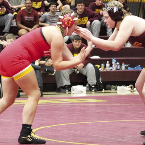 Lady Titan Junior, Taryn Billings, took down Girard’s Karlyn Fisher by fall, 1:21, in a dual at Girard, Thursday. Taryn and the Lady Titans beat the Lady Trojans, 42-18, in their first dual of the season.