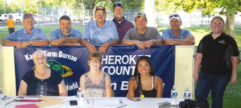 It takes a large crew of Farm Bureau members to keep the peddle pull contest operating this year the volunteers included (front) Michelle Hilderbrand, Debbie Evans, Anna Coberley and Holly Johnson. (Back row) Jeff Clark, Jason Allison, Jack Getman, Craig Stover, Jay Evans and Chris Westervelt.