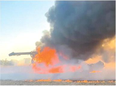 Columbus firefighters responded to a combine fire in a soybean field near Southwest Beasley Road at 5:31 p.m. Saturday. The combine belonged to Westervelt Farms and was a total loss. Courtesy photo.