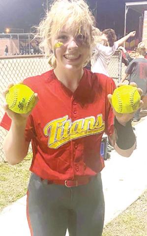 Lady Titan Sophomore, Graci Major, pitched a shut out and hit two, two-run, home runs in the 10-0, runrule win over Galena, Tuesday, at the Columbus Community Field Ball Parks’ Rockette Field. The Lady Titans won game one, 12-9. Courtesy Photo.