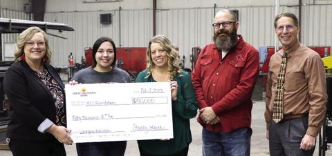 Labette Community College receives generous gift from Great Southern Bank. Picture left to right: Lindi Forbes, Foundation and Alumni Association Director; Bryanna Winters, Welding Instructor; Stacey Leech, Great Southern Bank; Travis Brumback, Welding Instructor; and Mark Watkins, LCC President. The funds will go for the expansion of the LCC Workforce Center. Courtesy photo.