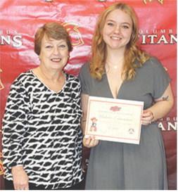 Natalie Edmondson received the Oklahoma State University Out-of-State Achievement Scholarship in the amount of $7,000 during the Senior Assembly at Columbus Unified High School Gymnasium, May 15. The award was presented by Karen Langerot, USD 493 Instructor.