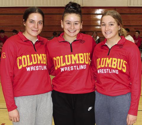 Senior members of the Lady Titan Wrestling Team were introduced during the Meet the Titans Night at the Columbus Unified High School Gymnasium, November 28. Aubree Saporito, Jailyn Rodriguez, and Addison Saporito.