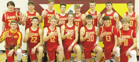 The Columbus Titan Basketball Team won their fifth straight title at the St. Paul Mark Terlip Classic Tournament, Friday, with at 58-35 win over St. Paul. Team members are front row: Landin Midgett, Cole Minor, Cole Youngblood, Seth Stover, Brett Hamilton, Kolt Ungeheuer, and Mack Kirk. Back row: Jack Vilela, Kaden Cox, Brandon Stice, Luke Gray, Syler Schuberger, Jace Midgett, Jaspen Tanner, and Derek Krause.