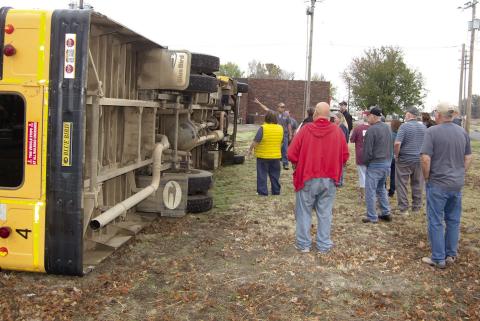 Drivers looked at the underside of the bus where they were told how some of the framework disconnects from the body in an accident