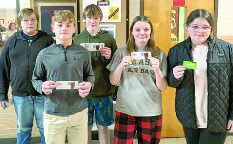 The High School SAFE (Seatbelts Are For Everyone) has extended to the junior high. Each month, there is a drawing from those who have pledged to wear seatbelts. Columbus Junior High winners were Xavier Bryant, Braun Stone, Jayden Lopp, Alli Sargent and Mya Glover. Courtesy photo.