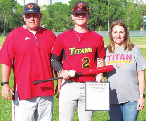 Titan Senior, Jaxson Haraughty, was recognized on Senior Night, Thursday at Bomber Field. The postponed event took place during a three-team junior varsity make-up, triple head. Jaxson is a four-year member of the Titan Baseball Team. He was escorted by his parents, Troy and Crisha Haraughty.