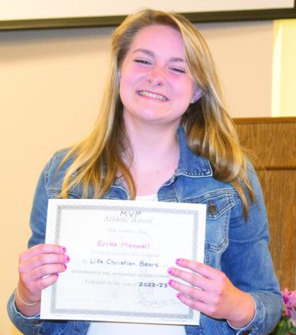 Erika Maxwell was given the award for Most Valuable Player-Senior Volleyball at the recent awards ceremony held at Life Christian School.