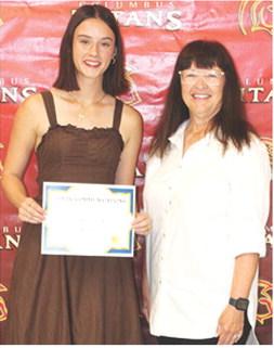 Piper Hayes, senior, was the Recipient of the Columbus Telephone Optic Communications Scholarship for $1,000 awarded May 15 during the Senior Assembly at the CUHS Gymnasium by Jane Rhinehart.