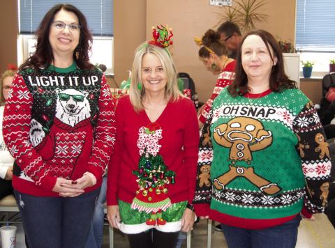 During the Courthouse Christmas Party Ugly Sweater Contest two of the winners were from the County Clerk’s office. Appraiser Delinda White, Michelle Mosler and Cassie Spoonmore.