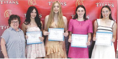 Members of the Senior Class receiving Cherokee County Democratic Party Scholarships are: Allison Burns, Honorable Mention; Anna Head, $250; Mallory Thompson, $100; and Torey Tedlock, $100. Scholarships were presented during the Senior Assembly, May 16, at the Columbus Unified High School Gymnasium by party representative, Janie Jarrett.