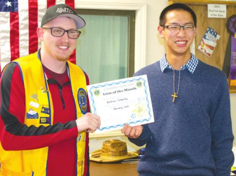 President of the Columbus Lions Club presented Andrew Coberley with his certificate naming him Lion of the Month for January. Coberley is a senior at Columbus Unified High School
