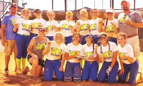The 14B Wild Thangz Softball Team won the Kansas USSSA State Championship, Sunday, in Wichita. Team members are back row: Coach Kurt Major, Graci Major, Reese Grundy, Mady Garcia, Taryn Billings, Chloe Rogers, Torey Tedlock, Kaitlynn (KT) Lopp, and Coach Steven Lopp. Front row: Head Coach Lorie Johnson, Macey Allison, Brylie Johnson, Presley Tedlock, Harley Long, and Ellie Helms. The win was the third USSSA State Championship for the Columbus team. Courtesy photo.