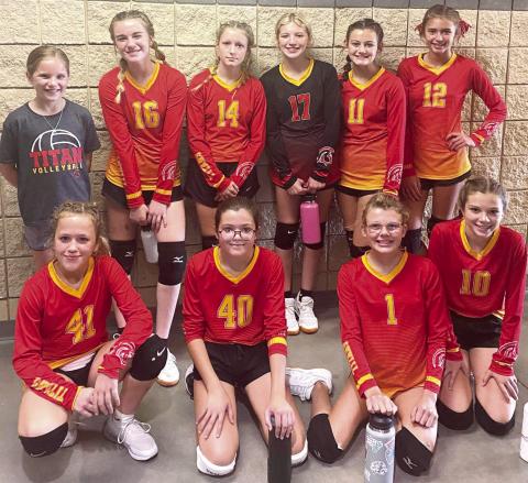 The Seventh Grade Lady Titan Volleyball Team played three matches in the Galena Seventh Grade Volleyball Tournament, Saturday. Team members and their mini manager are back row: Ali Walters, Kensley Blackledge, Kodi Jo Davis, Emma Parsons, Americus Woodcock, and Addilyn Wilson. Front row: Hannah Major, Madison Duling, Reese Carter, and Morgan Duling. Courtesy Photo.
