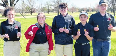 Central Titan Golfers placed first in the Galena Tournament, Thursday, at Shifferdecker Golf Course in Joplin, Mo. Natalie Wary placed first in individual scoring. Team members are: Wary, Emily Buffington, Jett Tanner, Easton Long, and Zane Gray. Courtesy Photo.