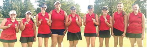 The Lady Titan Golf Team won their third of four CNC League Tournaments played this season at the Galena Invitational played at Schifferdecker Golf Course in Joplin, Mo., Thursday. Columbus edged Caney Valley with a team total of 361. The Lady Bullpups tallied four-man score of 365. St. Mary’s-Colgan was third with a 366 team total. Team members are: Amory Neely, Hannah Noel, Natalie Wary, Kristin Flinn, Fallon Smiley, Cali Carpino, Tyler Kirk, Addison Johnson, and Elaina Garcia. Courtesy photo.
