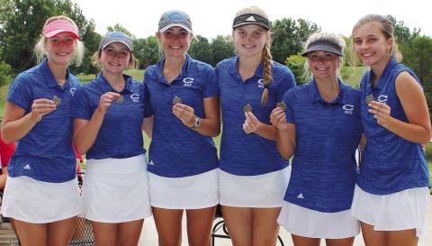 The St. Mary’s-Colgan Lady Panthers earned their third consecutive Kansas Class 3-1A State Championship, Tuesday, in Hutchinson. Lady Panther Senior, Ali Scripsick, placed second to pace her team in the three-peat win. Team members are: Greta Ison, senior; Ava Scripsick, sophomore; Ali Scripsick, senior; Audrey Goetting, senior; Zoey Smith, senior; and Molly Swezey, sophomore. The team is coached by Kim Correll Scripsick, Lady Titan State Championship Golfer.