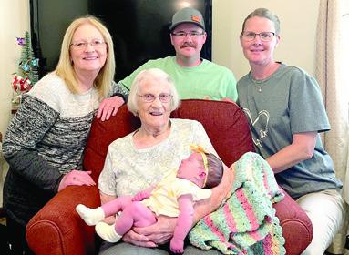 Five generations gathered to welcome Jean Louise Westervelt. She was born April 18, 2023 and is the daughter of Peter and Jaycie Westervelt of Columbus. Grandmother Jennifer Westervelt (at right) and great-grandmother Debie Cornog (at left) also of Columbus and great-great grandmother Anita Shufelt of Edna, holding Jean. Not pictured, Jayce Westervelt. Courtesy photo.