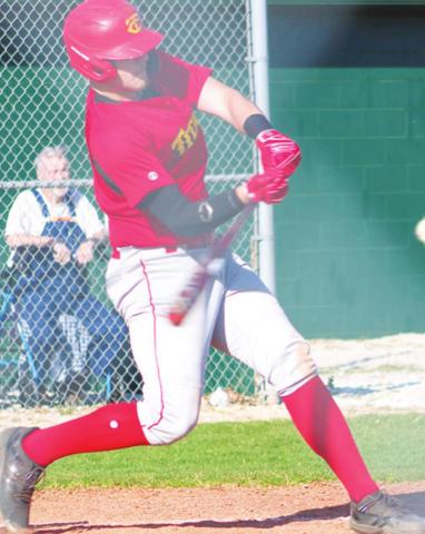 Titan Junior, Brett Hamilton, gets a hit in a recent game at Labette County. Brett was one of three Titans with home runs in the shutout over the Chargers, 17-0, Thursday, in Cherryvale.