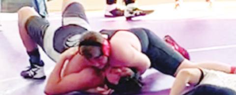 Kash Smith, won the 12U, 190-215, title at the 13th Annual Frontenac Brawl, Sunday. Kash had two pins including this one against William Bishop, Girard Matside Wrestling Acade, in the championship during the morning session of the tournament in Frontenac. Courtesy Photo.