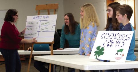 Members of the Spring Valley Sparklers 4-H club enacted the skit “Family Feud” during Cherokee County 4-H Days Saturday. Club members on the Cooking Cows team included Ryleigh Holmes, Kora Welch and Gentry Holt. Not pictured, members of the Sewing Chickens team included Reagan Holmes and Anna Reeser. Madisen Rand acted at host of the show.