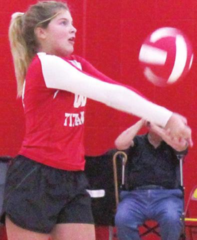 Columbus Lady Titan Eighth Grader, Olivia Boyes makes a pass in the Central Junior High 8A loss to Riverton, Thursday at the Central Gymnasium.