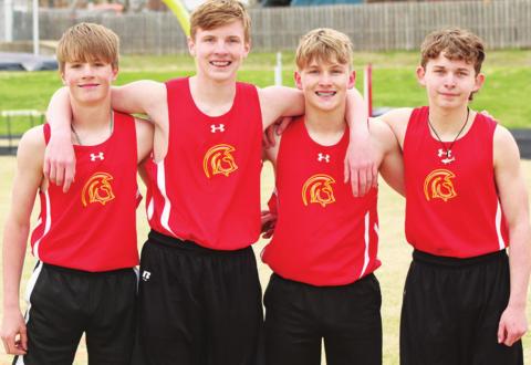 The Central Titan Eighth Grade Sprint Medley Relay Team place first in the CCCJL League Track and Field Meet, Tuesday in Galena. Team members, Jace Midgett, Braneon Stice, Syler Schuberger, , and Evon Mayfield ran the 800 Meter race in a time of 1:58.85 minutes. Courtesy Photo.