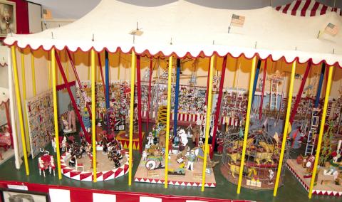 This ½ inch to one foot scale model of the Ringling Brothers Barnum and Bailey Circus was given to the Joplin Museum by the builders Columbus native Ned and Helen Aitchison. The circus was hand carved and painted by the couple.